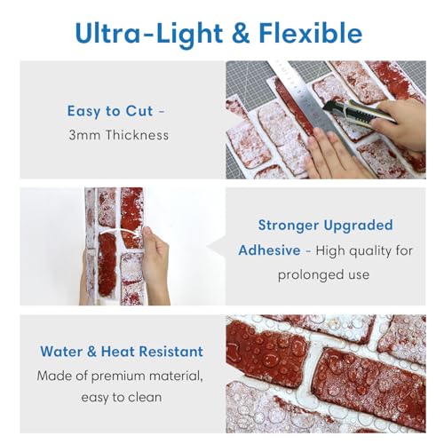 COMSTICKC 3D Faux Brick Wall Panels Peel and Stick, 10 Pcs 11.8" x 11.8" - color: Whitewash Red - 2