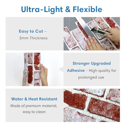 COMSTICKC 3D Faux Brick Wall Panels Peel and Stick, 10 Pcs 11.8" x 11.8" - color: Whitewash Red - 2