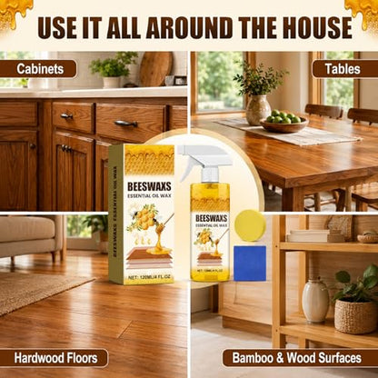 Beeswax Wood Polish Spray, Beeswax Essential Oil Wax, Deep Restore Furniture Cleaner for Cabinets, Hardwood Floors, Tables & All Wood Surfaces, Non-Greasy Formula (1)