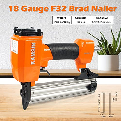 F32 18 Gauge Pneumatic Brad Nailer - 3/8-inch to 1-1/4-inch (10-32mm) Brad Nails, Air Power Brad Nail Gun, Finish Nailer for Woodworking Projects, Carpentry, Upholstering - size: KAMSIN F32
