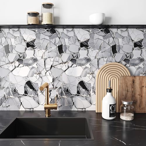 FunStick White Black Grey Marble Contact Paper for Countertops Stone Kitchen Countertop Contact Paper Peel and Stick Countertops Waterproof Removable Marble Wallpaper for Bathroom Walls Counter Tops - size: 12" x 200"