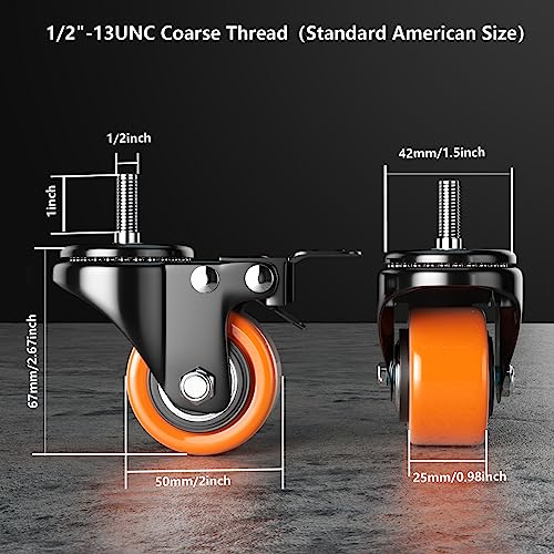 2 Inch Caster Wheels 1/2"-13x1 Threaded Stem Casters Set of 4 Heavy Duty - color: Orange, size: 2in(1/2"-13)