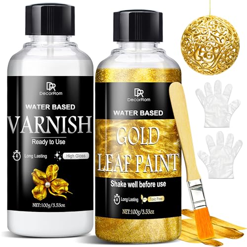 Liquid Gold Leaf Paint Kit - 3.53oz Ultra Shiny Quick Dry Metallic Gilding Paint, High Gloss Finish with Varnish - Non-Toxic, Waterproof Gold Leaf Paint for Crafts, Resin Art, DIY, Furniture, Wood - color: Gold