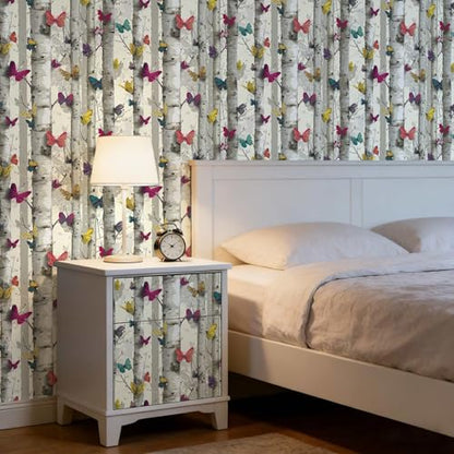 Birch Tree Peel and Stick Wallpaper, Butterfly Woodland Nature Wallpaper - color: ML-M095, size: 17.7" x 236"