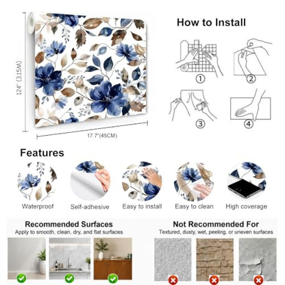 Modern Blue Floral Peel and Stick Wallpaper 17.7" x 124" - color: Blue/Brown, size: 17.7" x 124"