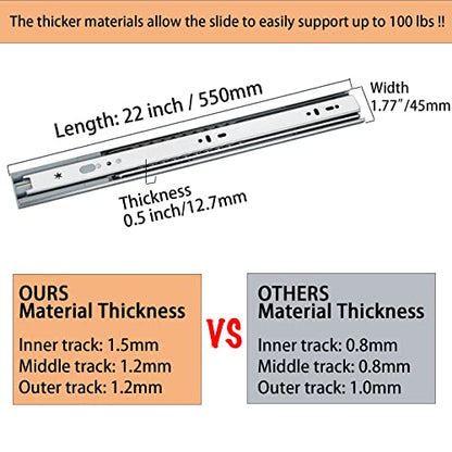 MENGSHI Soft Close Drawer Slides 22 Inch Side Mount Heavy Duty Cabinet Drawer Glides 10 Pairs - Heavy Duty 3-Fold Full Extension Ball Bearing Full Extension Kitchen Cabinet Rails 100 LB Capacity