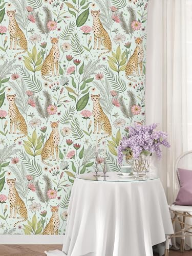 Floralplus Wallpaper Peel and Stick Jungle Leopard Wallpaper - color: Mint Green, size: 17.5" x 118"
