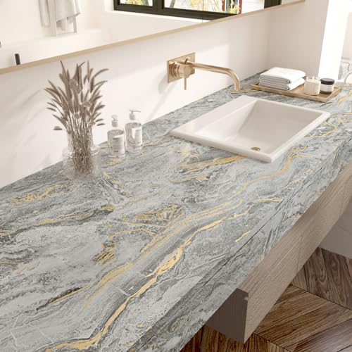 Wallercity Gold/Grey Marble Contact Paper Matte Peel and Stick Countertops Wallpaper Waterproof Self Adhesive Marble Wallpapers for Cabinets and Drawers Kitchen Bathroom Vinyl Film 15.8x78.7 Inch - color: Gray/Gold, size: 15.8" x 78.7"