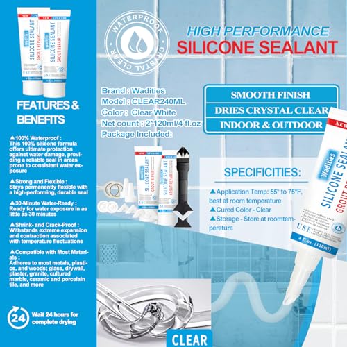 8Oz Clear Waterproof Caulk & Seal Silicone Sealant, Wadities Tile Grout Repair Kit with Grout Remove Scraper, Shrink & Crack Proof for Bathroom, Shower, Kitchen, Floor (4Oz, Pack of 2) - color: Clear 8oz