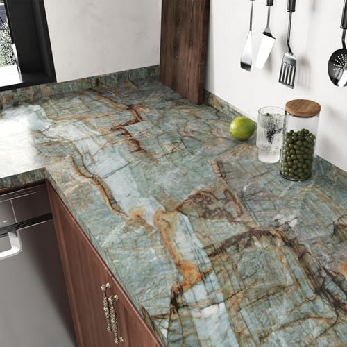 Wallercity Matte Blue/Brown Marble Contact Paper for Table Top Peel and Stick Countertops Granite Wallpaper for Bathroom Kitchen Backsplash Thick Marble Wallpapers for Cabinets Cupboards 15.8''x236'' - size: 15.8" x 236"