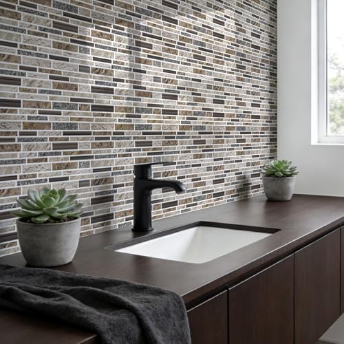 Vieshful Marble Peel and Stick Backsplash, 12 x 12 in, 10 Sheets - color: Dark Coffee Marble Mix, size: 10 Sheets