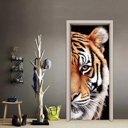 arricraft 2 Sheets Self-Adhesive Door Sticker, 80cmx200cm/31.5x78.7inch Half Tiger Face Pattern Door Murals Stickers PVC Removable Wallpaper Decoration for Bedrooms Living Room - style: Half Tiger Face