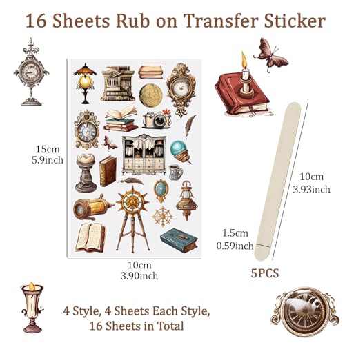 WANDIC 16 Sheets Rub On Transfer Stickers Set, 4 Styles Brown Themed Retro Vintage Pattern Self Adhesive Stickers Furniture Decals for Scrapbook Journal - style: Renaissance Theme
