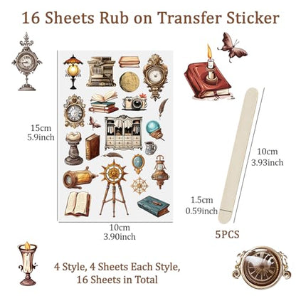 WANDIC 16 Sheets Rub On Transfer Stickers Set, 4 Styles Brown Themed Retro Vintage Pattern Self Adhesive Stickers Furniture Decals for Scrapbook Journal - style: Renaissance Theme