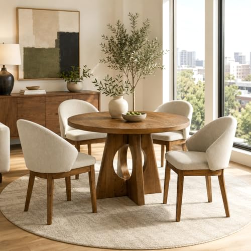 Dining Chairs Set of 4, Modern Fabric Upholstered Wooden Kitchen Chairs with Curved Backrest, Thick Cushion, Tapered Wood Legs, Walnut Finish - color: Walnut, size: Set of 4