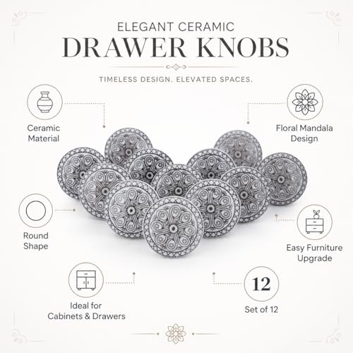 Ajuny Ceramic Knobs Set 12 White Grey Printed Cabinet Drawer Pull Handles