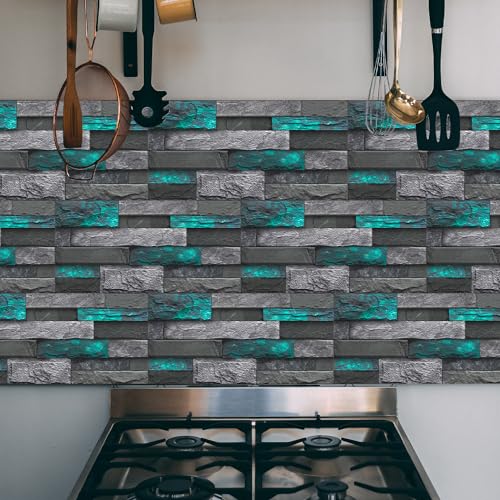 Alwayspon 24Pcs 12x6inch Peel&Stick Wall Sticker Vinly Wallpaper, Waterproof Backsplash for Kitchen Bathroom, Self-Adhesive Tile Transfers Decal Stick on Tiles with Green Stone Brick Effect - color: Fg-l08, size: 24 Pcs