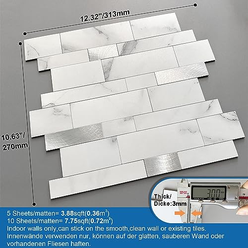 Stone Peel Stick Backsplash Tiles Kitchen Wall White Silver 10pcs - color: White Silver, size: 10sheets