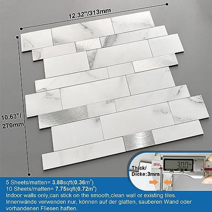 Stone Peel Stick Backsplash Tiles Kitchen Wall White Silver 10pcs - color: White Silver, size: 10sheets