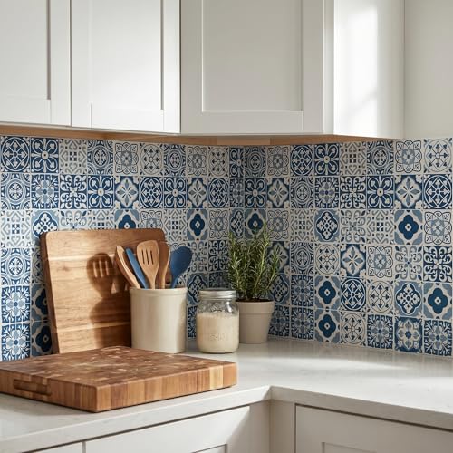 30 Pack Blue and White Peel and Stick Backsplash, 4x4 Inch Mediterranean Tile Stickers, Waterproof Vinyl Wall Decals for Kitchen & Bathroom