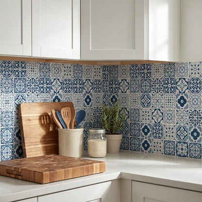 30 Pack Blue and White Peel and Stick Backsplash, 4x4 Inch Mediterranean Tile Stickers, Waterproof Vinyl Wall Decals for Kitchen & Bathroom