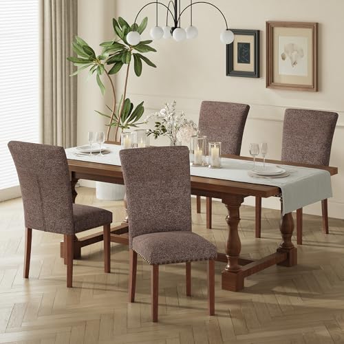 COLAMY Upholstered Parsons Dining Chairs Set of 4, Fabric Dining Room Kitchen Side Chair with Nailhead Trim and Wood Legs - Brown - color: F-brown, size: Set of 4