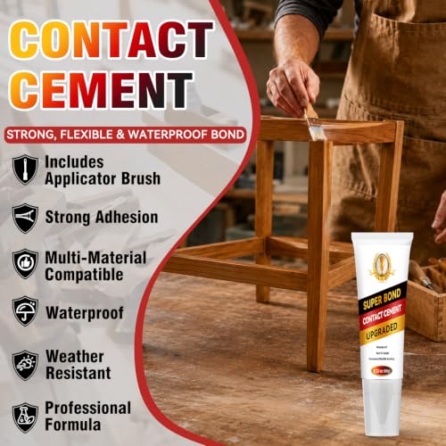 Contact Cement Adhesive, High Performance Neoprene Contact Adhesive with Brush, Waterproof Contact Cement Glue for Wood, Leather, Shoe, Furniture Repairs and Crafts, Flexible and Strong Bonding