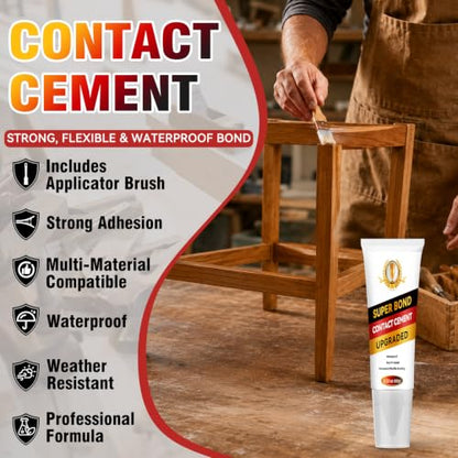 Contact Cement Adhesive, High Performance Neoprene Contact Adhesive with Brush, Waterproof Contact Cement Glue for Wood, Leather, Shoe, Furniture Repairs and Crafts, Flexible and Strong Bonding