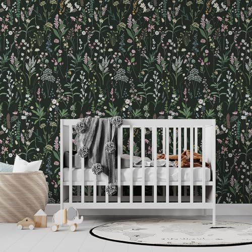 JiffDiff Dark Green Botanical Floral Peel and Stick Wallpaper 17.3" x 1181" - color: Dark Green, size: 17.3" x 1181"