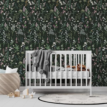 JiffDiff Dark Green Botanical Floral Peel and Stick Wallpaper 17.3" x 1181" - color: Dark Green, size: 17.3" x 1181"