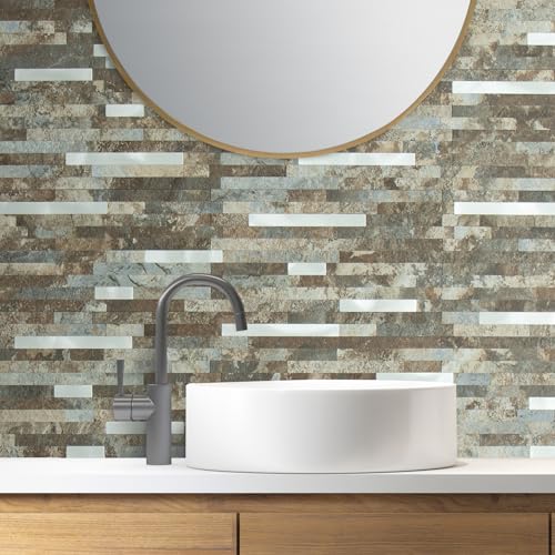 AULIGET 2 Sheets Beige & Brown Slate Peel and Stick Backsplash, PVC Mixed Metal Silver Wall Tile Stick on Backsplash for Kitchen and Bathroom - color: Beige & Brown Slate + Metal Silver, size: 2 Sheets, 6"x12"x0.12"
