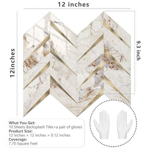 STICKGOO Herringbone Tile Peel and Stick Backsplash for Kitchen&Bathroom - color: Polished Pandora Marble Mixed Metal Gold