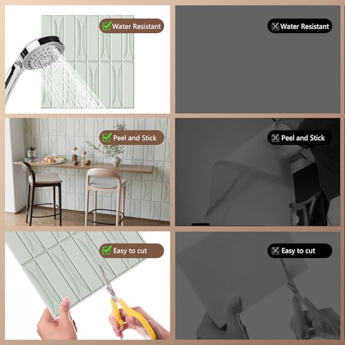 Peel and Stick Backsplash Tiles 12''x12'' Light Green Wall Tile Heat Resistant 10-Sheet Waterproof Vinyl Self Adhesive Glossy Boho Sticker for Kitchen Ceramic Bathroom Living Room - color: Green