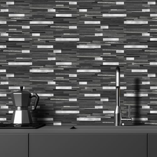 STICKGOO 20 Sheets Peel and Stick Backsplash Tile, Stick on Backsplash for Kitchen and Bathroom, Black Grey Wood Look PVC Mixed Metal Silver Self Adhesive Wall Tiles - color: Black Grey + Metal Silver