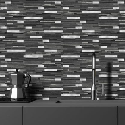 STICKGOO 20 Sheets Peel and Stick Backsplash Tile, Stick on Backsplash for Kitchen and Bathroom, Black Grey Wood Look PVC Mixed Metal Silver Self Adhesive Wall Tiles - color: Black Grey + Metal Silver