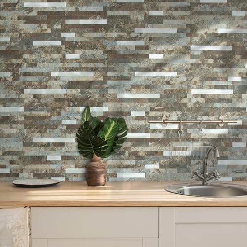 AULIGET 2 Sheets Beige & Brown Slate Peel and Stick Backsplash, PVC Mixed Metal Silver Wall Tile Stick on Backsplash for Kitchen and Bathroom - color: Beige & Brown Slate + Metal Silver, size: 2 Sheets, 6"x12"x0.12"