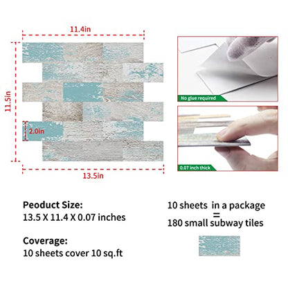 DEWOO Peel and Stick Wall Tile Kitchen Backsplash Self Adhesive 10 Sheet - color: Turquoise