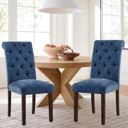 COLAMY Button Tufted Dining Chairs Set of 4, Parsons Upholstered Fabric Dining Room Chairs Kitchen Chairs with Wood Legs and Padded Seat, Blue - color: Blue, size: set of 4