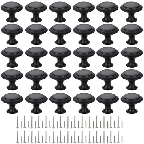 Cabinet Knobs, 30 PCS 30mm Dresser Knobs, Premium Drawer Knobs, Metal Furniture Handles, Black Zinc Door Knobs for Closet- 1-1/6 Inch Diameter Round Drawer Pulls Kitchen Knob Hardware with Screws DIY - size: 30pcs/pack