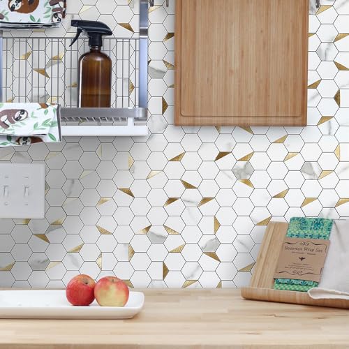DICOFUN 10-Sheet Hexagon Tile Peel and Stick Backsplash, White Marble Look PVC Mixed Golden Metal Mosaic Tiles for Kitchen and Bathroom - color: Marble White + Gold Metal Chip, size: 10 Sheets, 12''x12''x0.12''