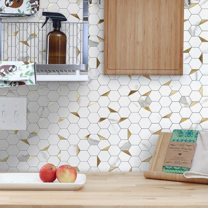 DICOFUN 10-Sheet Hexagon Tile Peel and Stick Backsplash, White Marble Look PVC Mixed Golden Metal Mosaic Tiles for Kitchen and Bathroom - color: Marble White + Gold Metal Chip, size: 10 Sheets, 12''x12''x0.12''