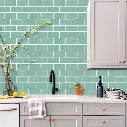 STICKGOO 10-Sheet Backsplash Peel and Stick Subway Tile(Thicker Design) - color: Teal Green