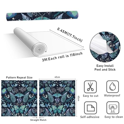 HLNIUC Whimsical Peel and Stick Wallpaper 17”x118” Dark Boho Butterfly and Moth Contact Paper Fairytale Botanical Floral Leaf Wall Paper Witchy Moon&Stars Removable Wall Mural for Living Room Bedroom - color: Butterfly 2