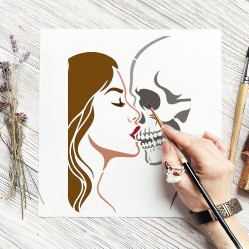 FINGERINSPIRE Kiss The Skull Painting Stencil with Paintbrush 11.7x8.3inch Reusable Skulls Journal Stencil Human Skull Plastic Stencils DIY Craft Art Stencils for Painting on Wall Wood Furniture - style: Kiss the Skul
