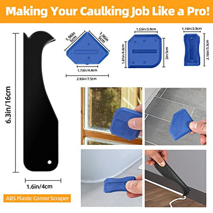 Caulk Removal Tool Kit Caulking Spatula Stainless Steel Head Grout Remover Angle Scraper Trowel with Sealant Finishing Tools Silicone Smoother with Storage Box for Window Siding Sink Joint