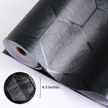 Self Adhesive Black Peel and Stick Wallpaper 23.6" X 197" 3D Hexagon - color: Black, size: 23.6" x 197"
