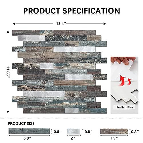 Midcard 10 Sheet Peel and Stick Backsplash Tile, Stick on Tiles for Backsplash Kitchen, Bathroom, Laundry Room, Camper, Fireplace. - color: 20Trapezoidal Dented Wood with Metallic Silver