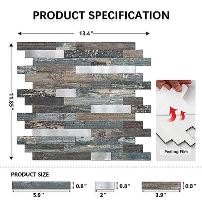 Midcard 10 Sheet Peel and Stick Backsplash Tile, Stick on Tiles for Backsplash Kitchen, Bathroom, Laundry Room, Camper, Fireplace. - color: 20Trapezoidal Dented Wood with Metallic Silver