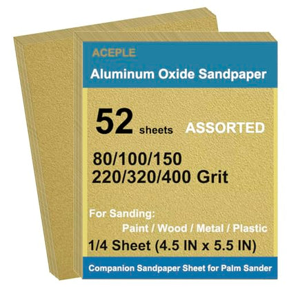 52Pcs Aluminum Oxide Sandpaper Variety Pack, 1/4 Sheet Sand Paper Assorted for Block Sander Wood Metal Wet Dry Sanding 80/100/150/220/320/400 Grits (4.5 x 5.5 Inch) - size: 1/4Sheet
