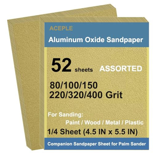 52Pcs Aluminum Oxide Sandpaper Variety Pack, 1/4 Sheet Sand Paper Assorted for Block Sander Wood Metal Wet Dry Sanding 80/100/150/220/320/400 Grits (4.5 x 5.5 Inch) - size: 1/4Sheet